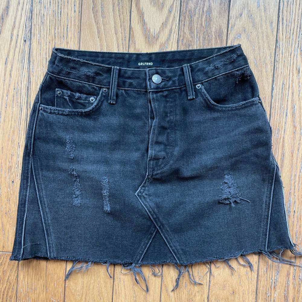 GRLFRND Washed Black High Rise Distress Cut Off Denim Mini Jean Skirt 0 25